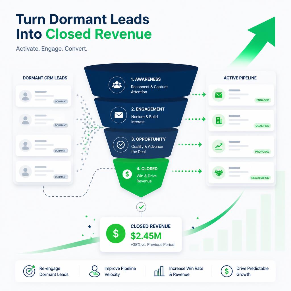Pipeline visual showing dormant CRM leads converting into closed revenue